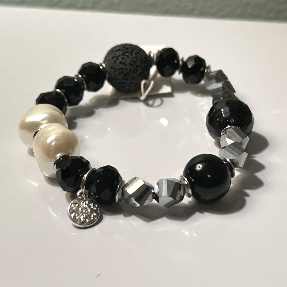 Elegant Black and Silver Lava Rock Beaded Bracelet